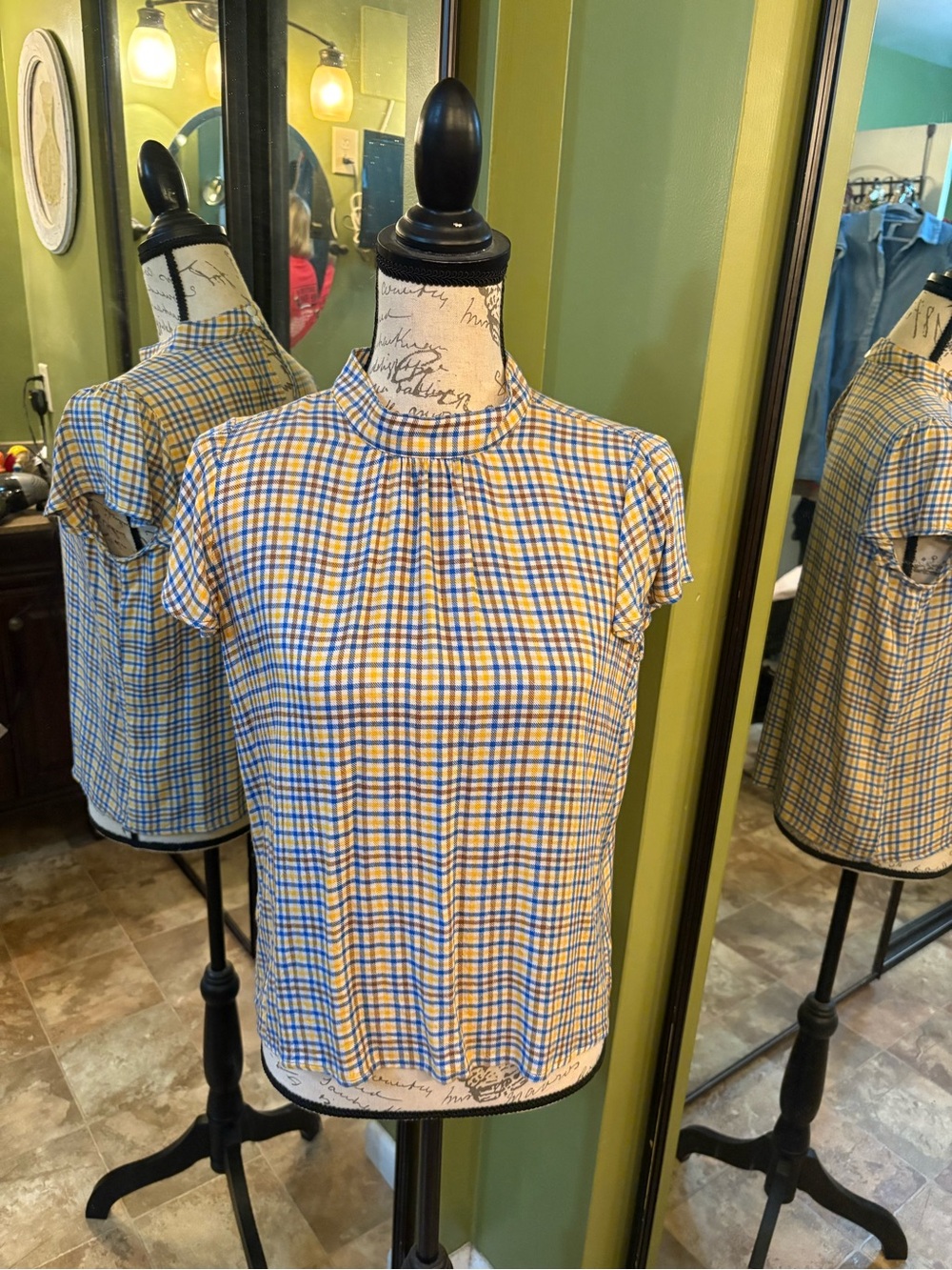 Ann Taylor Factory Yellow and Blue Plaid Short Sleeve Blouse